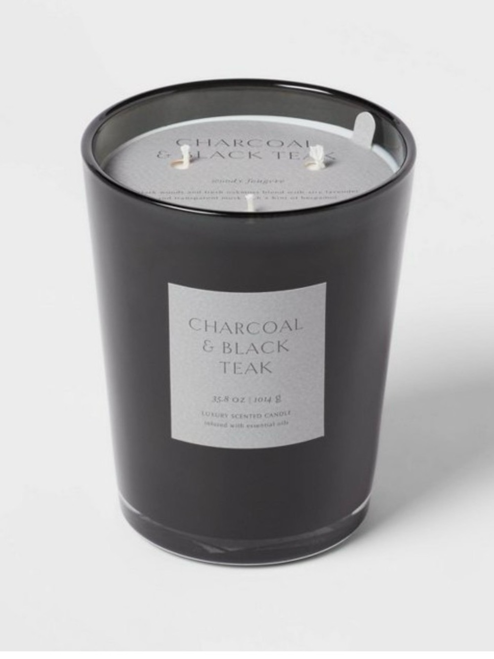 35.8oz Colored Vase Glass Charcoal & Black Teak Candle Palm-Wax, 3 Wick NWT